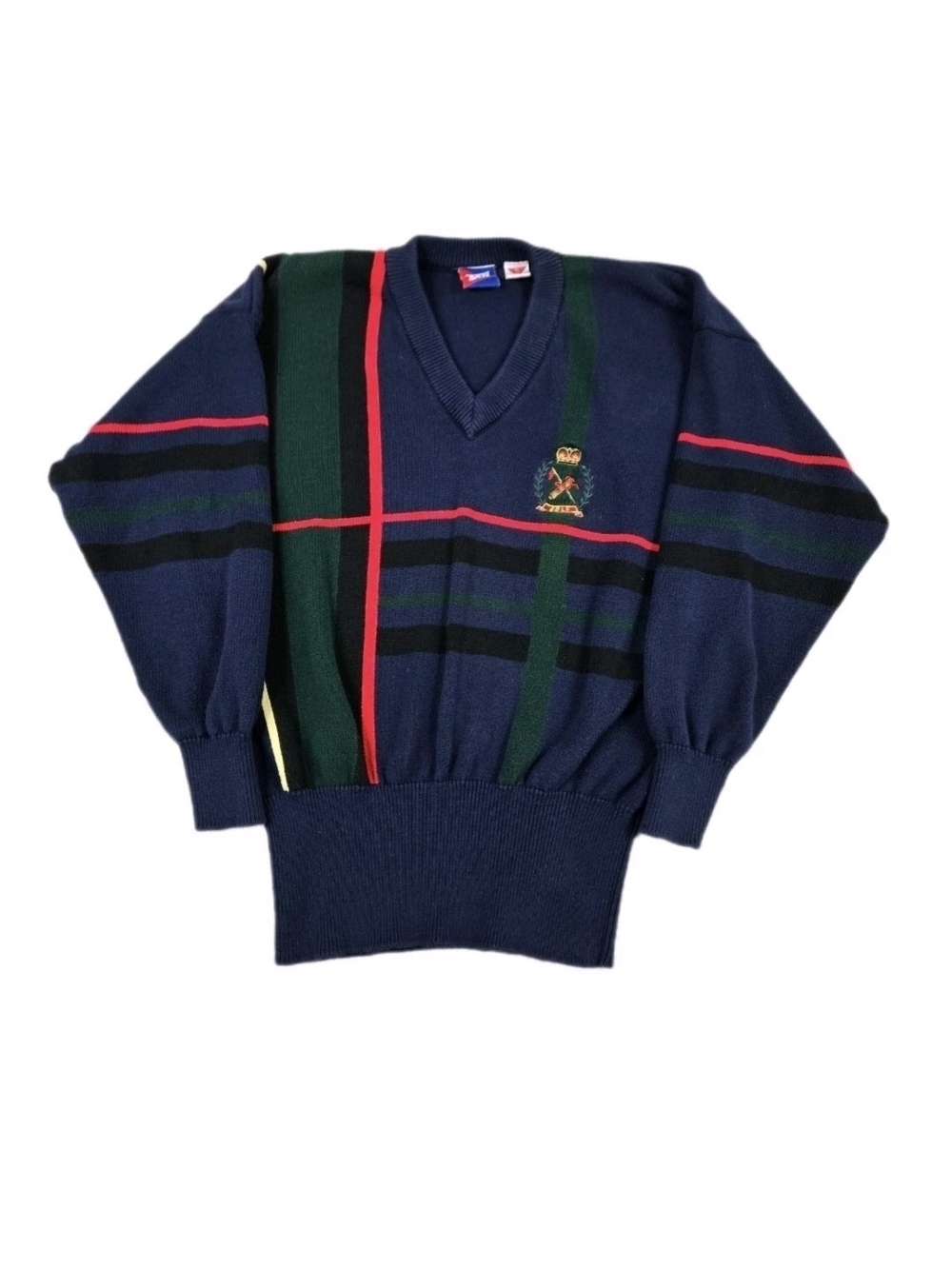 Vintage Tail Pullover Sweater V Neck Mens S Blue Plaid Embroidered Golf Preppy